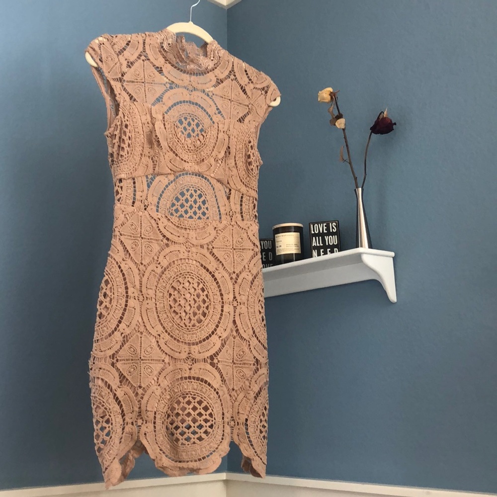 Tan, crochet homecoming/cocktail dress